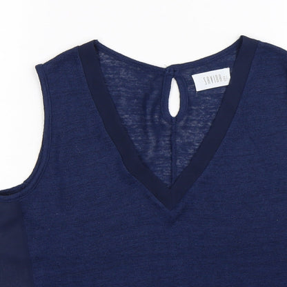 Close-up detail of savida women’s blue basic t-shirt, size UK 10