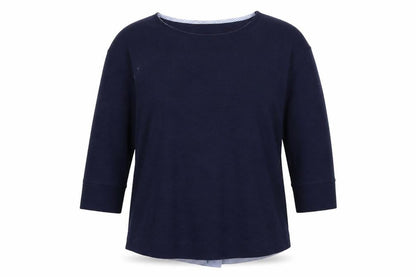 Front view of Dunnes women’s blue striped knit jumper, size M, - shirt back