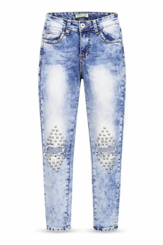 Front view of Miss RJ women’s blue skinny jeans, size UK 24, in, 25-inch leg - studs on knees