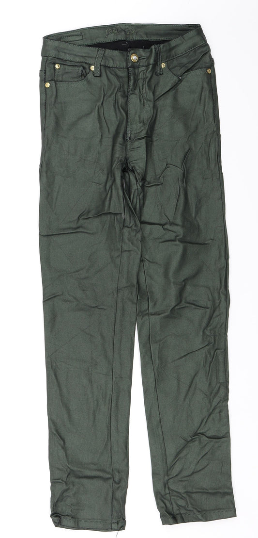 Front view of Jet Liue women’s green skinny jeans, size UK 36, in, 30-inch leg - wet look