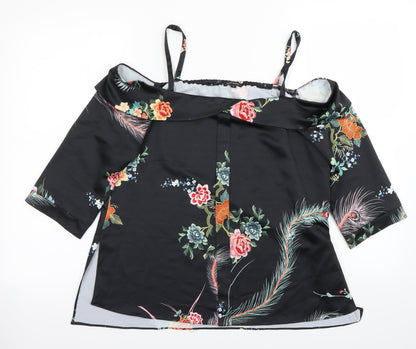 Additional front view of River Island women’s black floral basic blouse, size UK 8