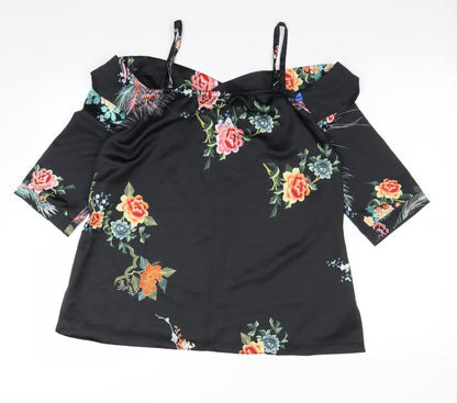 Back view of River Island women’s black floral basic blouse, size UK 8