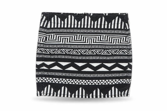 Front view of H&M women’s black geometric mini skirt, size UK 8