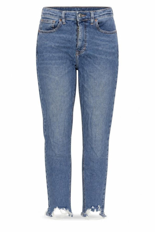 Front view of Topshop women’s blue skinny jeans, size UK 8, 28-inch leg