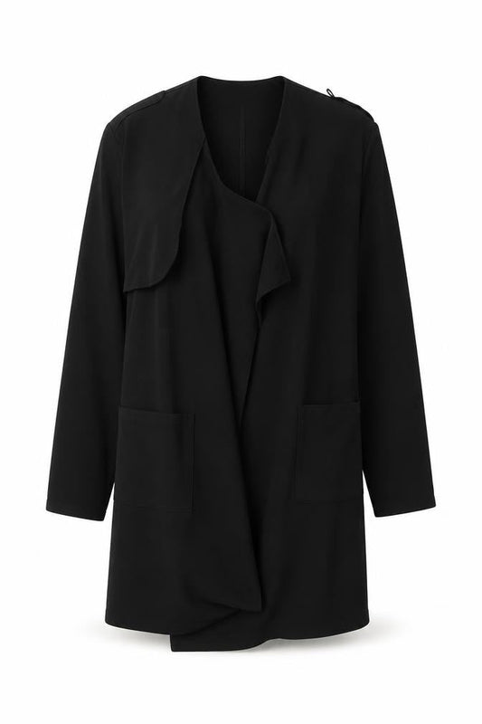 Front view of Boohoo women’s black overcoat coat, size M