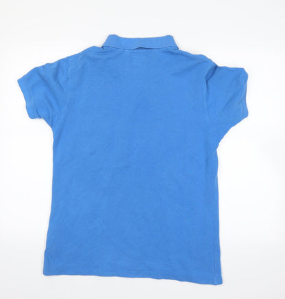 Back view of FCU men’s blue polo, size M