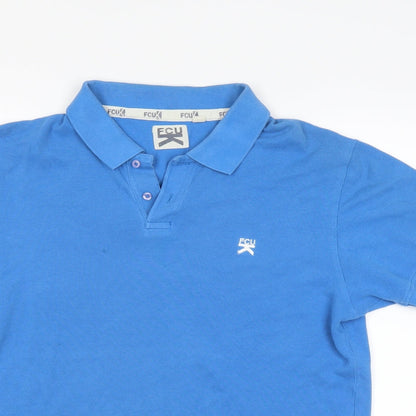 Close-up detail of FCU men’s blue polo, size M