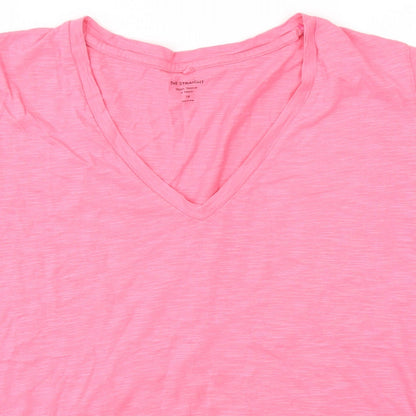 Close-up detail of Emily the Strange women’s pink basic t-shirt, size UK 14