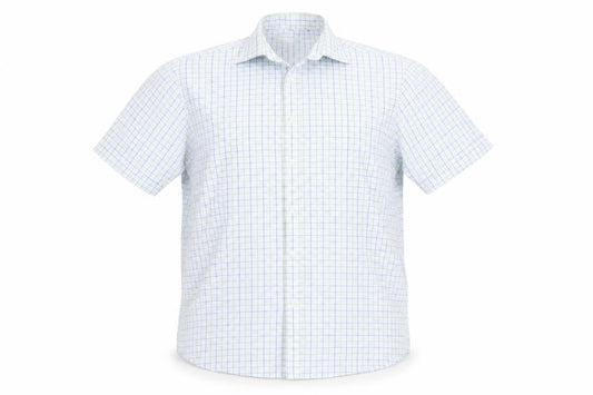 Front view of BHS men’s blue check button-up, size 16