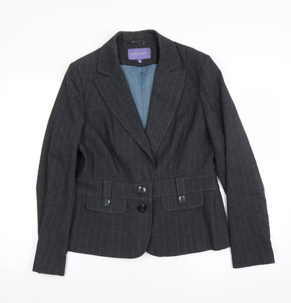 Front view of Autonomy women’s grey striped jacket suit jacket, size UK 14