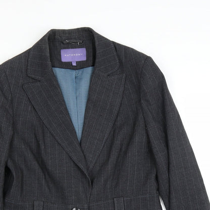 Close-up detail of Autonomy women’s grey striped jacket suit jacket, size UK 14