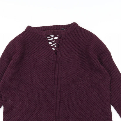Close-up detail of Select women’s purple knit jumper, size UK 8, - burgundy