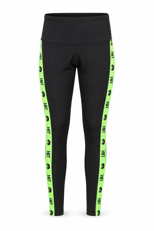 Front view of HIIT women’s black striped compression leggings, size S, 25-inch leg