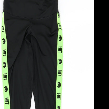 Close-up detail of HIIT women’s black striped compression leggings, size S, 25-inch leg