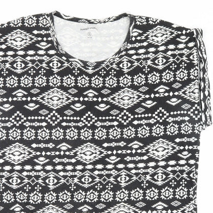 Close-up detail of Dunnes women’s black geometric basic t-shirt, size UK 8