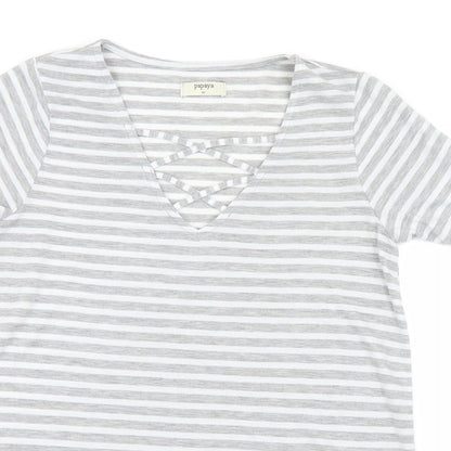 Close-up detail of Papaya women’s grey striped basic t-shirt, size M