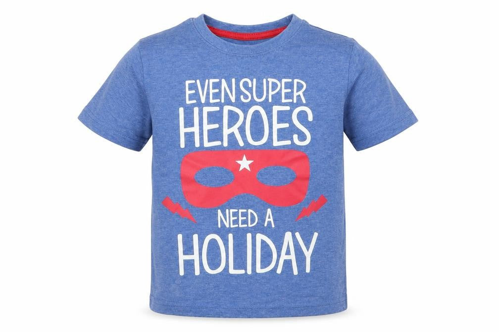 Primark Boys Blue   Basic T-Shirt Size 3-4 Years  - Even Superheroes Need  A Holiday