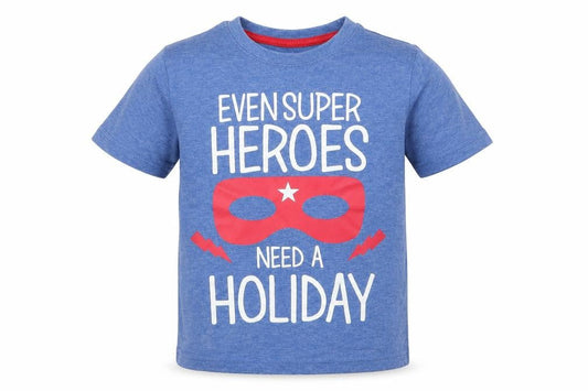 Front view of Primark boys’ blue basic t-shirt, size 3-4, years - even superheroes need a holiday