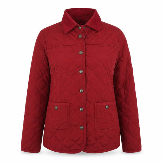 Front view of Denim Co women’s red quilted coat, size UK 8