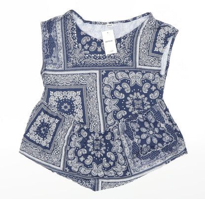 Front view of Pimkie women’s blue paisley basic t-shirt, size M
