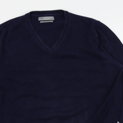 Close-up detail of Marks & Spencer men’s blue pullover sweatshirt, size M