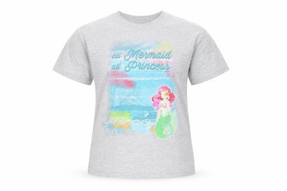 Front view of Disney girls’ grey jersey basic t-shirt, size S, - mermaid