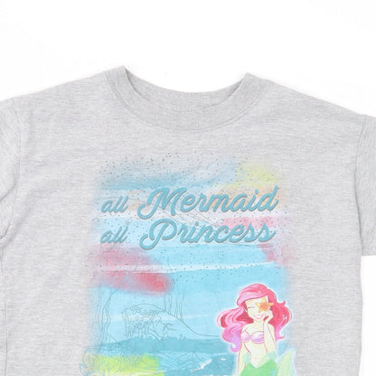 Close-up detail of Disney girls’ grey jersey basic t-shirt, size S, - mermaid
