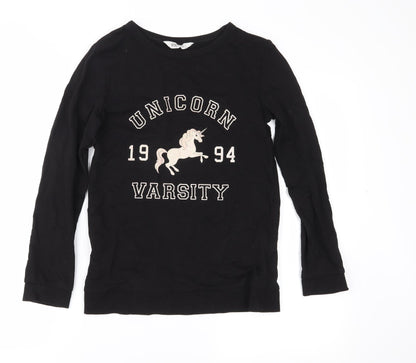 Front view of H&M girls’ black pullover sweatshirt, size 11-12, years