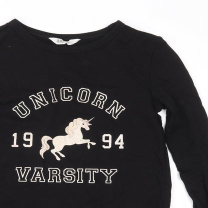 Close-up detail of H&M girls’ black pullover sweatshirt, size 11-12, years