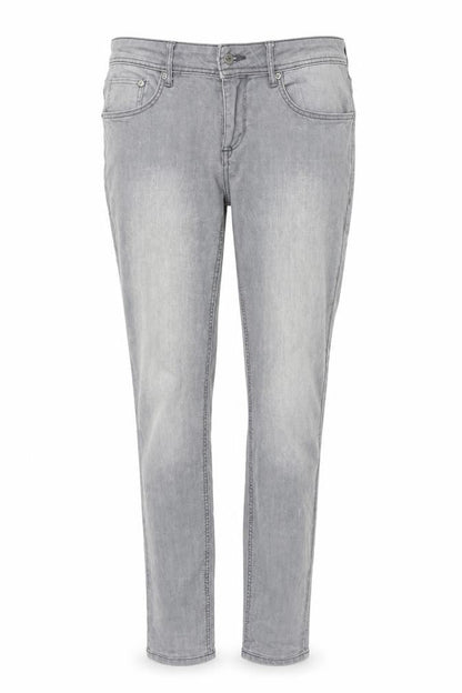 Front view of pre worn women’s grey trousers, size UK 12, 30-inch leg