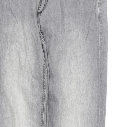 Close-up detail of pre worn women’s grey trousers, size UK 12, 30-inch leg