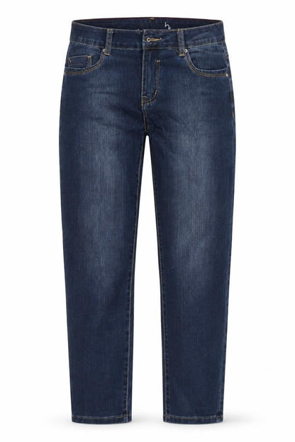 Front view of pe worn girls’ blue straight jeans, size M