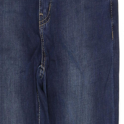 Close-up detail of pe worn girls’ blue straight jeans, size M