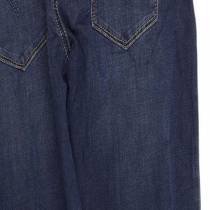 Brand and care label for pe worn girls’ blue straight jeans, size M