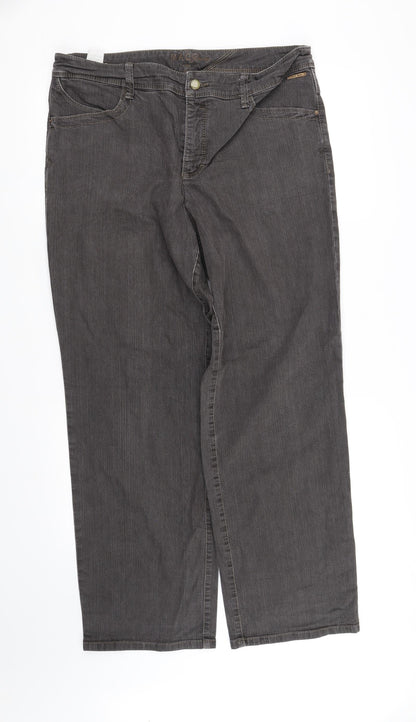 Additional front view of pre worn women’s brown trousers, size UK 32, 35-inch leg