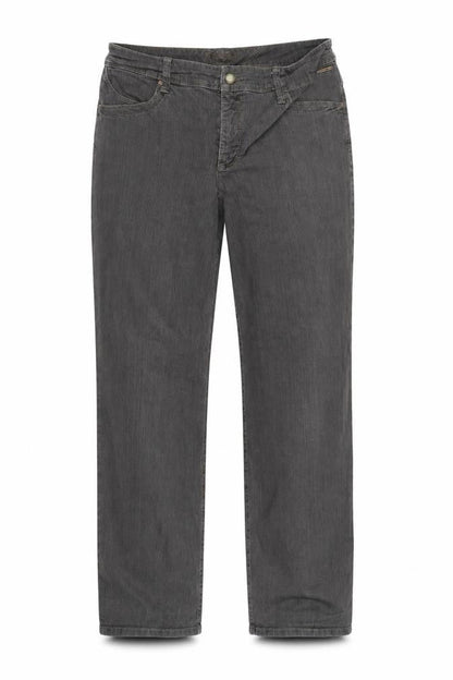 Front view of pre worn women’s brown trousers, size UK 32, 35-inch leg
