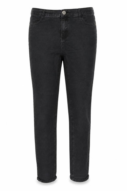 Front view of pre worn women’s black trousers, size UK 10, 32-inch leg