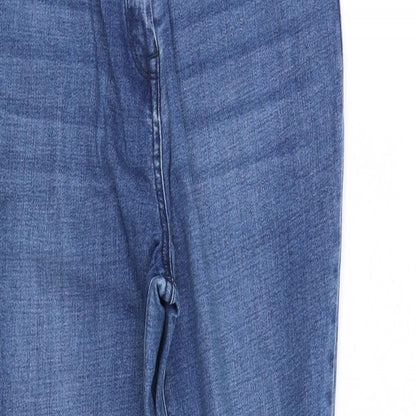 Close-up detail of Denim women’s blue trousers, size UK 12, 30-inch leg