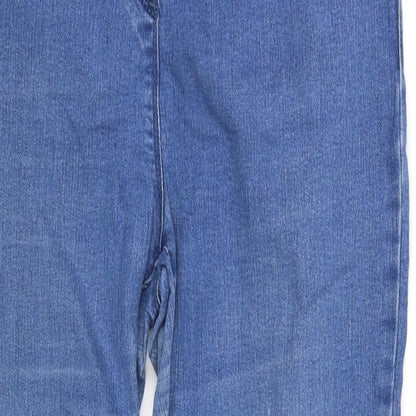 Close-up detail of M&Co women’s blue straight jeans, size UK 10, 34-inch leg