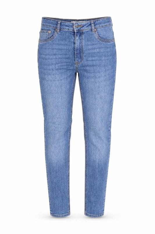 Front view of molly women’s blue straight jeans, size L, 32-inch leg