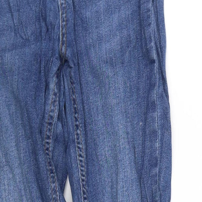 Close-up detail of deniem women’s blue trousers, size S, 27-inch leg