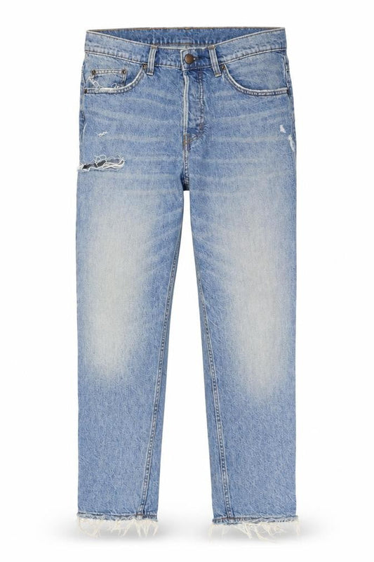 Front view of women’s blue straight jeans, size UK 32, in, 23-inch leg