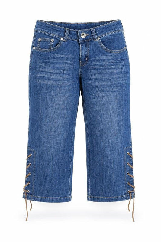 Front view of women’s blue straight jeans, size UK 23, in, 20-inch leg