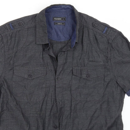 Close-up detail of Peacocks men’s grey button-up, size L