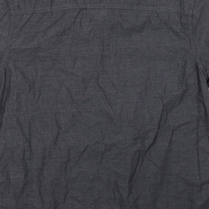 Brand and care label for Peacocks men’s grey button-up, size L