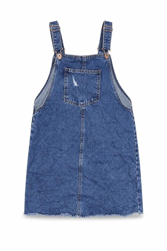 Front view of Denim & Co. girls’ blue dungaree one-piece, size 11, years
