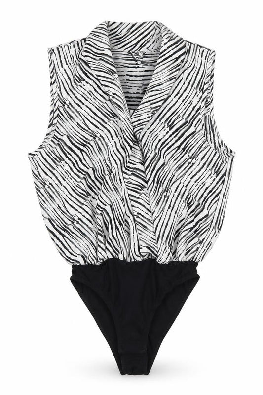 Front view of Topshop women’s black animal print leotard one-piece, size UK 8