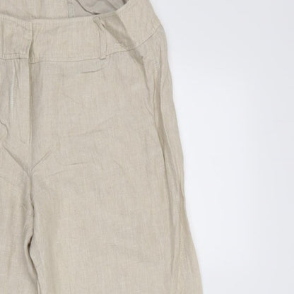 Close-up detail of MINUET women’s beige trousers, size UK 14, 27-inch leg