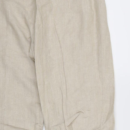 Brand and care label for MINUET women’s beige trousers, size UK 14, 27-inch leg