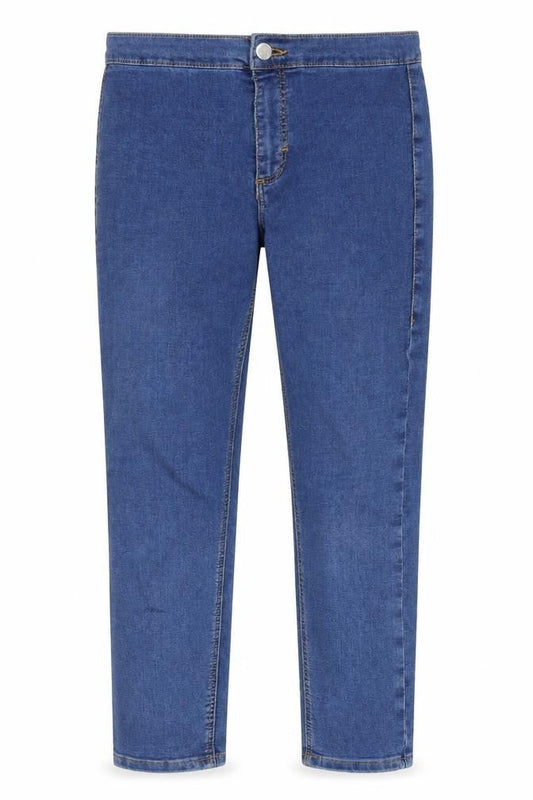 Front view of Topshop men’s blue denim straight jeans, size 28, in